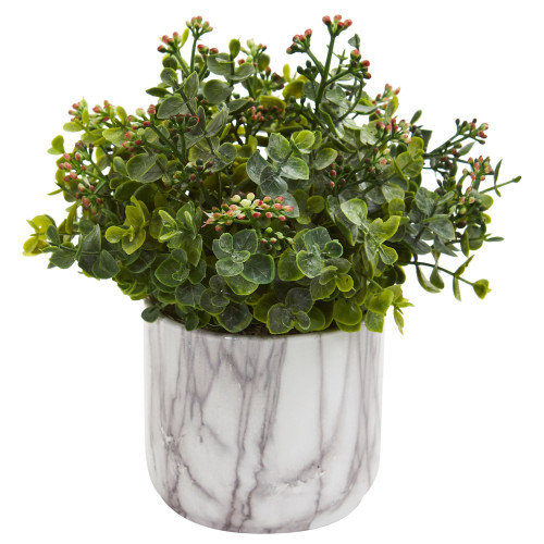 Nearly Natural Eucalyptus Artificial Marble Finished Vase Silk Plants, Green