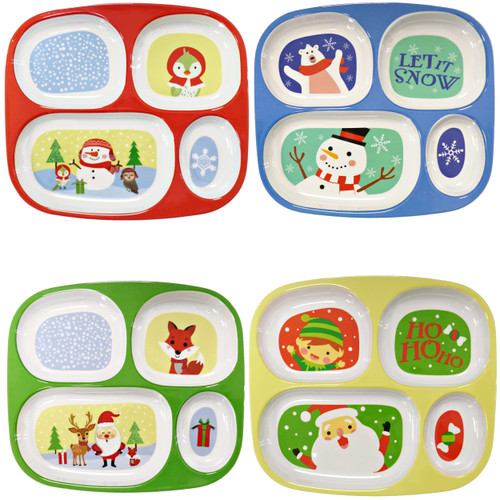 4E's Novelty Christmas Dinnerware Divided Plates For Kids (Set of 4) Melamine Plastic BPA Free Sectional Holiday Dinner Plates, Christmas Dishes for kids - Top Rack Dishwasher Safe