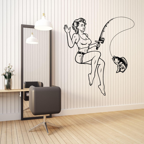 Vinyl Wall Decal Fisher Pin Up Sexy Woman Fishing Catching Fish Stickers Mural Large Decor (g8406) Black Vinyl Wall Decal Fisher Pin Up Sexy Woman Fishing Catching Fish Stickers Mural Large Decor (g8406) Black