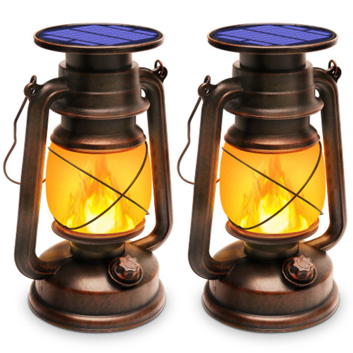 Solar Lantern Outdoor Waterproof, LED Vintage Flickering Flame Solar Lights, Solar Powered Hanging Lantern, Rustic Heavy Duty Lantern Lamp for Patio Garden Yard Deck Camping, 2 Pack