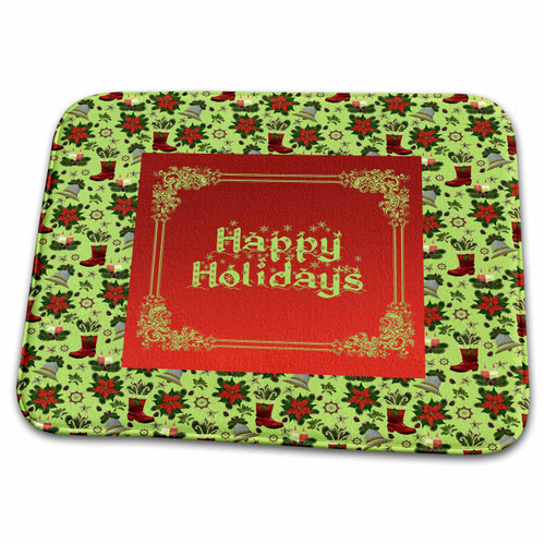 3dRose Image of Happy Holidays, Poinsettias, Candy Canes, Bells,... - Dish Drying Mats (ddm-354190-1)