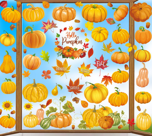 FAMYGFT Thanksgiving Pumpkin Fall Window Clings for Glass Windows, Fall Leaves Window Clings Thanksgiving Sticker Window Decal Seasonal Autumn Fall Decoration for Office Home Classroom School Work