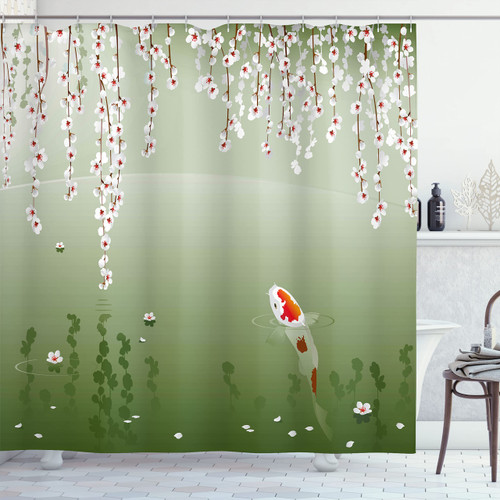 Lunarable Koi Fish Shower Curtain, Japanese Koi Fish Painting Style Hanging Cherry Flowers Floating Leaves, Cloth Fabric Bathroom Decor Set with Hooks, 105" Extra Wide, Orange White