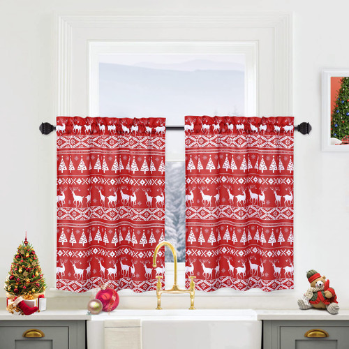 Haperlare Christmas Kitchen Window Curtains, Christmas Tree and Deer Pattern Bathroom Window Curtain Boho Style Half Window Kitchen Cafe Curtains, 26" W x 24" L, Red, Set of 2