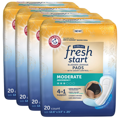 FitRight Fresh Start Urinary and Postpartum Incontinence Pads for Women, Moderate Absorbency, with The Odor-Control Power of ARM & Hammer Baking Soda (80 Count, 4 Packs of 20)