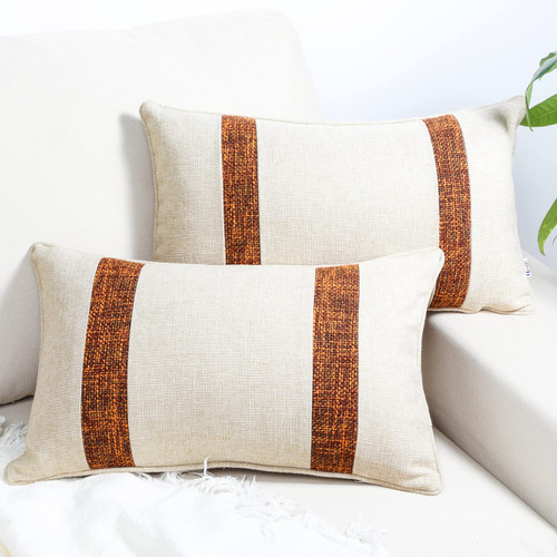 howdy textile Set of 2 Brown Lumbar Pillow Covers with Stripe Pattern Linen Faux Leather Patchwork Lumbar Cases Home Decoration for Couch Sofa Chair Bedroom 12x20 Inch