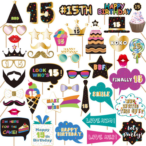 BRT Bearingshui 15th Photo Booth Props, 15th Accessories, Birthday Photo Booth and Signs for 15th, 15th Birthday Photo Booth Party Props, 15th Happy Birthday Party Decorations Supplies Favors