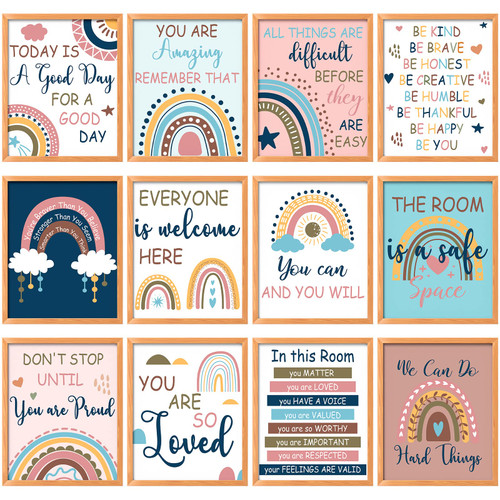 Nezyo 12 Pcs Boho Rainbow Inspirational Wall Art Prints Boho Nursery Poster Decor Pastel Unframed Nursery Decor Boho Rainbow Classroom Decor Nursery Wall Art Girls Bedroom, 11x14 Inch (Fresh Style)