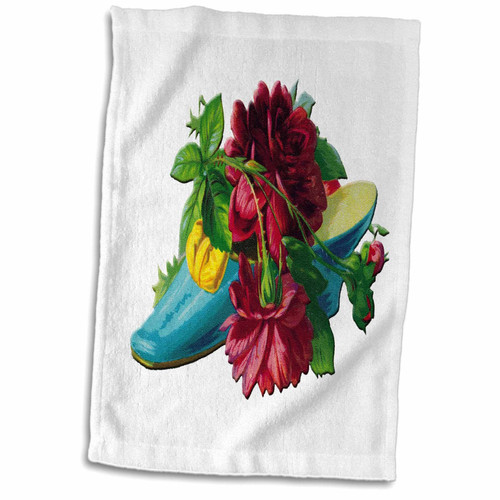 3dRose Light Blue Victorian Era Ladies Shoe with Yellow Bow and red Roses - Towels (twl-170656-1)
