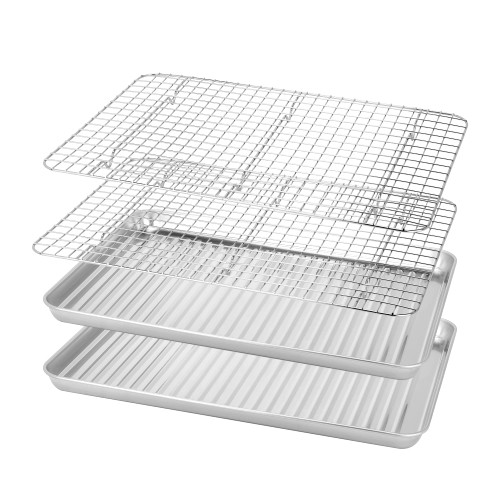 BIEAMA Baking Sheet with Grid Rack Set (2 Pans + 2 Racks), 17.3 x 12.2 x 1" Stainless Steel Cookie Sheet with Cooling Rack, Toaster Oven Tray and Rack Set