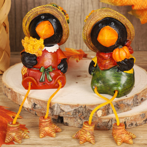 Lulu Home Thanksgiving Miniature Figurines, Set of 2 Resin Crow Shelf Sitters with Dangling Legs, Wheat Harvest Sculpture for Window Sill Kitchen Tabletop Autumn Home Decoration