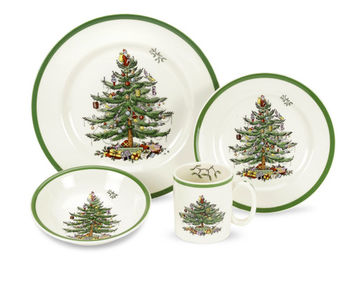 Spode Christmas Tree 4-Piece Dinnerware Setting | Made of Fine Earthenware | Service for 1 | Dinner Plate, Salad Plate, Soup Bowl and Mug | Dishwasher Safe