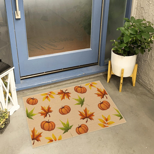 Heyfibro Fall Pumpkins Decorative Door Mat, Non Slip Maple Leaves Home Decor Floor Mat 29 x 17 Inch Rubber Kitchen Doormat for Fall Halloween Thanksgiving Indoor Outdoor Holiday Decoration
