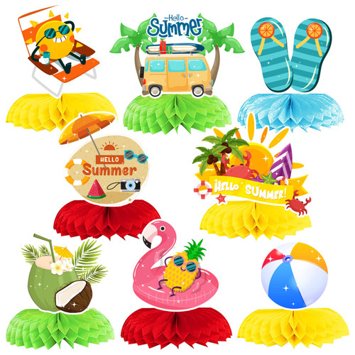 Obookey 8PCS Hawaii Summer Party Decorations Honeycomb Centerpiece Tropical Style Hello Summer Honeycomb Summer Pool Beach Table Centerpieces for Summer Beach Pool Party Favor Supplies