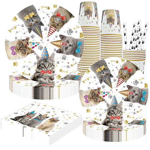 Cat Party Supplies, Cat Theme Tableware Kit Including Plates, Cups, Straws Napkins for Cat Kids Birthday Baby Shower Decor - Serves 16 Guests