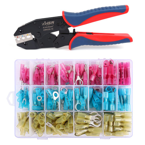 Wire Crimper for Heat Shrink Wire Connctors,Zhushan 20-10 AWG Heat Shrink Crimping Tool with 250pcs Electrical Wire Connectors,Ring Fork Buut Splice Wire Crimper for Heat Shrink Wire Connctors,Zhushan 20-10 AWG Heat Shrink Crimping Tool with 250pcs Electrical Wire Connectors,Ring Fork Buut Splice