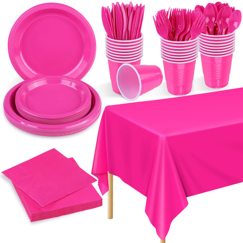 ADXCO 176 Pieces Hot Pink Party Supplies Disposable Dinnerware Set Including Plastic Plates Cups Knives Forks Spoons Tablecloth Paper Napkins Serve 25 Guests for Birthday Wedding Graduation Parties