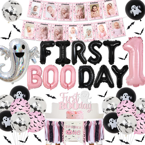 Kreatwow First Boo Day halloween 1st birthday party decorations girl Halloween photo banner pink black First Boo Day balloon banner cake topper the spooky one highchair banner 3D Bat Wall Stickers