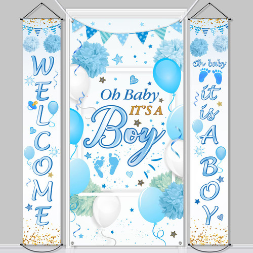 Redbaker Baby Shower Decorations Welcome It is a Boy Baby Shower Door Hanging Porch Sign Baby Shower Party Door Cover Banner Blue Boy Baby Backdrop Background for Gender Reveal Party Supplies