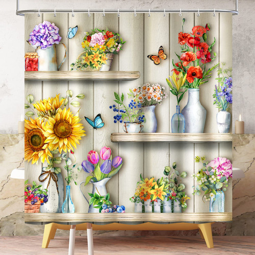 Flower Shelves Shower Curtain Boho Farmhouse Shower Curtain Rustic Country Floral Shower Curtains for Bathroom Waterproof Fabric Shower Curtain Set with Hooks Farmhouse Bathroom Curtain Decor 72x72