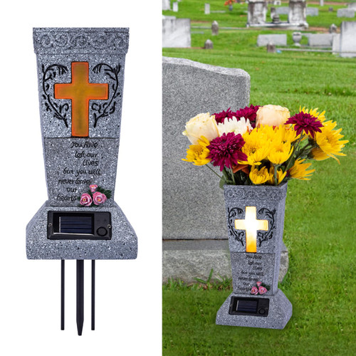 HUYIENO Solar Cemetery Grave Vase with LED for Fresh/Artificial Flowers Headstones Vases with Spikes Gravestone Decor Memorial Gifts for Loss of Loved One HUYIENO Solar Cemetery Grave Vase with LED for Fresh/Artificial Flowers Headstones Vases with Spikes Gravestone Decor Memorial Gifts for Loss of Loved One