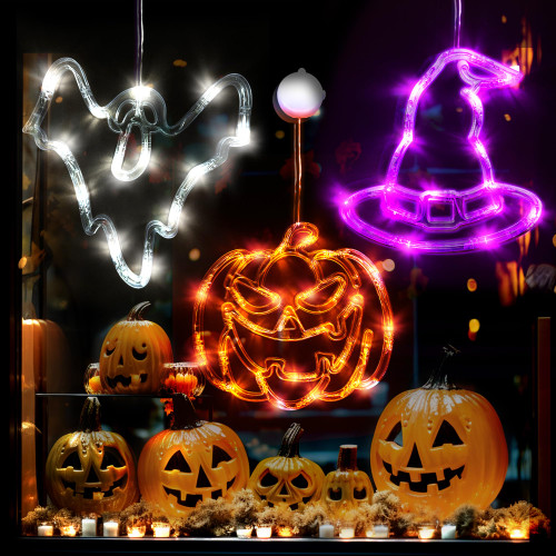 Halloween Decorations Lights Indoor, Halloween Pumpkin Bat Witch Lights 3 Pack with Suction Cup, Halloween Window Decorations Indoor Outdoor Silhouette Lights Home Decor for Window Party Door Yard