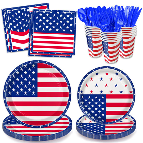 Joy Gatherer 4th of July Party Supplies Tableware set - Patriotic Decorations Dinnerware Includ Plates, Napkins, Cups, Cutlery, for Election Independence Day, American Flag Party Supplies | Serves 24