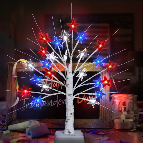 4th of July Decorations 18 Inch Patriotic Decor Tree with 24 Red White Blue LED Star Lights, USB/Battery Operated Fourth of July Decor Tree Light Memorial Day Decorations for Home Table Party [Timer]