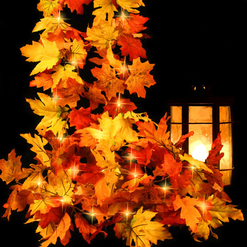 STEFORD Thanksgiving Fall Decorations Maple Leaf Garland String Lights,12Ft LED Fall Garland Maple Leaves Lights,Indoor Outdoor Thanksgiving Decor Autumn Harvest Party Garland(2 Pack,40 LED Lights)