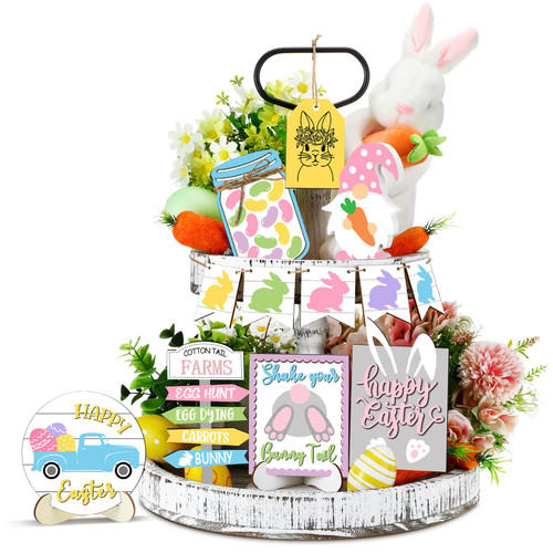 Easter Tiered Tray Decor Spring Table Wooden Sign Decorations Easter Tabletop Farmhouse Signs Carrot Egg Bunny Decor for Easter Party Home Kitchen Holiday (Bunny, 12 Pcs)