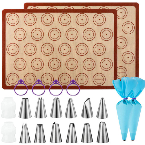 Angadona Macaron Baking Kit Silicone Mat - (22pcs set), 2 Half Sheet Macaron Silicone Mat,12 Piping Tip,2 Piping Bag with 4 Bag Tie,2 coupler, macaroon baking supplies Angadona Macaron Baking Kit Silicone Mat - (22pcs set), 2 Half Sheet Macaron Silicone Mat,12 Piping Tip,2 Piping Bag with 4 Bag Tie,2 coupler, macaroon baking supplies