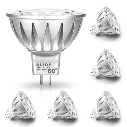 ALIDE MR16 7W 60 Degrees GU5.3 Led Bulbs Replace 50W-75W Halogen Equivalent,2700K Warm White,12V Low Voltage MR16 Bulb Spotlight for Outdoor Landscape Flood Track Recessed Lighting,560lm,6 Pack