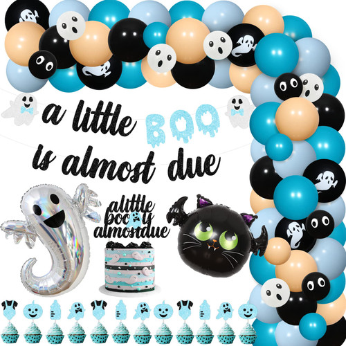 A Little Boo Is Almost Due Baby Shower Decorations Halloween Balloon Garland Arch Kit Banner Cake Topper Blue Black for Boys Halloween Party Supplies