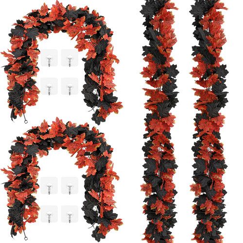 U'Artlines 4Pcs Artificial Fall Maple Leaf Garland Black Red Hanging Autumn Maple Leave Vines Garlands Halloween Thanksgiving Decor for Home Party Fireplace Indoor Outdoor