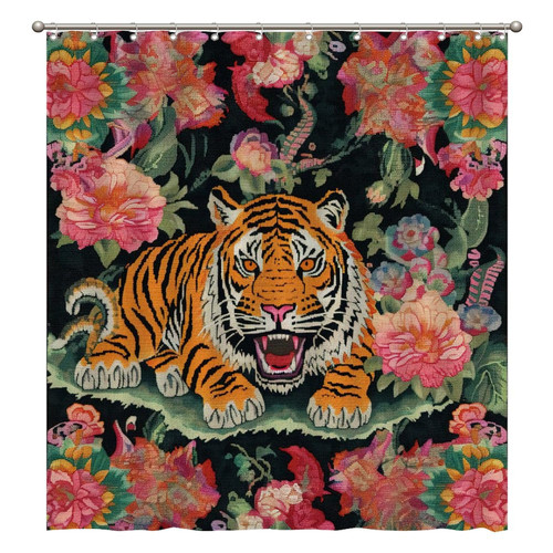 Tiger and Chinoiserie Colorful Floral Shower Curtains 72x80 Inch Polyester Fabric Bathroom Shower Curtains with Hooks Durable Waterproof Shower Curtains for Bathroom Bathtub Home Decoration