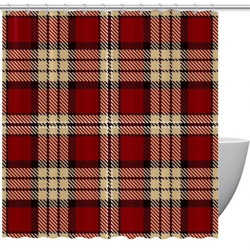Shower Curtain, Christmas Red Beige Plaid Bathroom Curtain, Bathroom Shower Curtain with Hooks, Kids Bathroom Decor 72 Inch