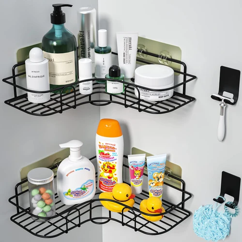 Corner Shower Caddy, 2 Pack Adhesive Shower Organizer with 2 Hooks, Shower Shelf for Inside Shower, Stainless Steel Shower Rack for Bathroom Storage, Bathtub Organizer for Shower, No Drilling, Black