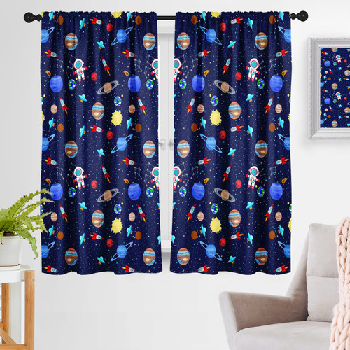zokyer Kids Boys Window Curtain Galaxy Outer Space Playroom Spaceman Planets Theme Solar System Astronaut Blue Cartoon Rod Pocket Drapes 42" W x 63" L Curtains for Bedroom Living Room 2 Panels Drapes