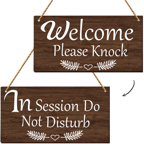 Do Not Disturb Meeting in Progress Wood Hanging Door Sign Reversible Double Sided Sign Home Office Meeting Door Hanger Hanging Plaque Sign for Office Therapist Commercial Home Use (Please Knock)