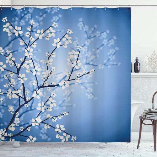 Ambesonne Japanese Shower Curtain, Spring Season Sakura Bloom Design Romantic Cherry Blossom on Blurry Branches, Cloth Fabric Bathroom Decor Set with Hooks, 69" W x 70" L, Azure Blue