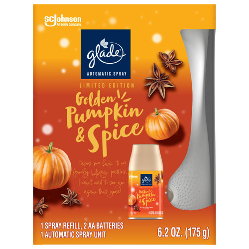 Glade Automatic Spray Refill and Holder Kit, Air Freshener for Home and Bathroom, Golden Pumpkin & Spice, 6.2 Oz Glade Automatic Spray Refill and Holder Kit, Air Freshener for Home and Bathroom, Golden Pumpkin & Spice, 6.2 Oz