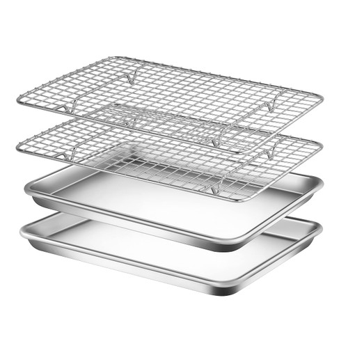 Nutrichef Non Stick Baking Sheets, Cookie Pan Aluminum Bakeware with Cooling Rack, Professional Quality Kitchen Cooking Non-Stick Bake Trays with Silver Coating Inside and Outside, 1 Pair of Pans