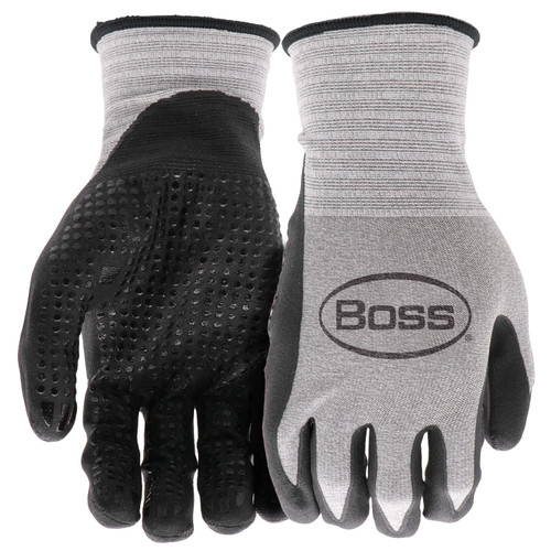 BOSS Men's Tactile Grip with Nitrile Coated Palm and Nylon Shell Work Gloves, Dotted Palm, High Dexterity, Water and Abrasion Resistant, Gray/Black, Large (B31181-L)