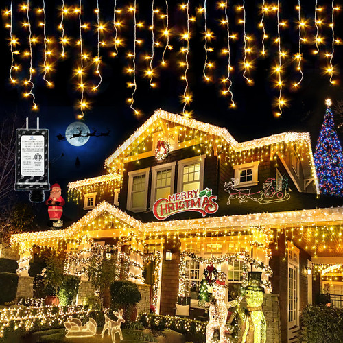 Christmas Icicle Lights Outdoor Decoration - 33ft 400 LED 8 Modes Hanging Dripping Icicle String Lights with 75 Drops, Plug in Waterproof Timer Memory for Holiday Wedding Party Indoor (Warm White)