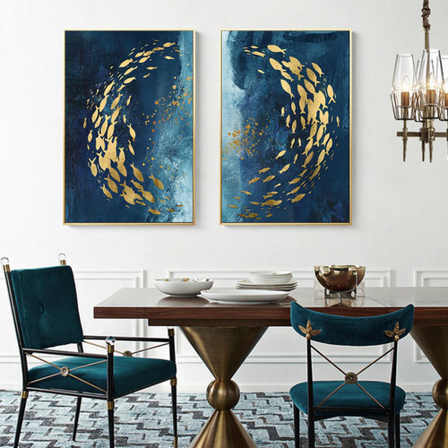 BIVVI Abstract Canvas Painting Blue Sea Gold Fish Butterfly Posters and Prints Modern Wall Art For Living Room Home Decor Cuadros 30x50cm2pcs Frameless