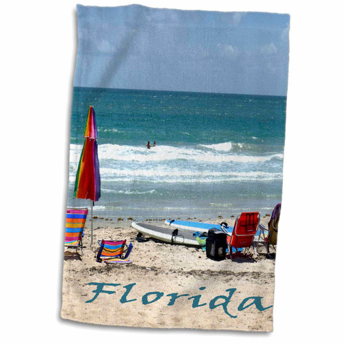 3dRose beach chairs surfboards umbrellas sand ocean florida - Towels (twl-156137-1)