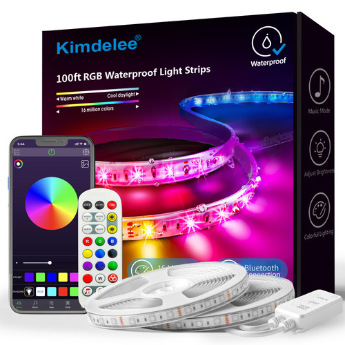 Kimdelee 100ft 66ft 33ft Waterproof Led Light Strips, 12v RGB Outdoor Strip Lights Color Changing 5050 with Bluetooth Music Sync App Remote Controller, Rope (100ft)