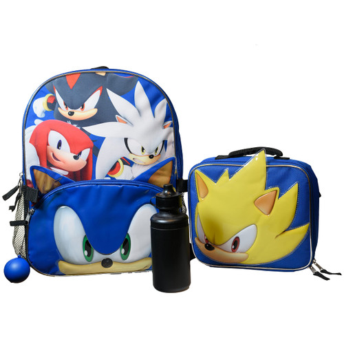 AI ACCESSORY INNOVATIONS Sega Sonic the Hedgehog 4 Piece Backpack Set, Kids 16" School Travel Bag with Front Zip Pocket, Blue