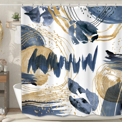 MESHELLY Navy Blue Shower Curtain,60Wx72H Abstract Boho Gold Shower Curtain,Mid Century Modern Bathroom Curtain,Minimalist Neutral Chic Bath Curtain Fabric Geometric Golden Bathroom Decor 12 Hooks