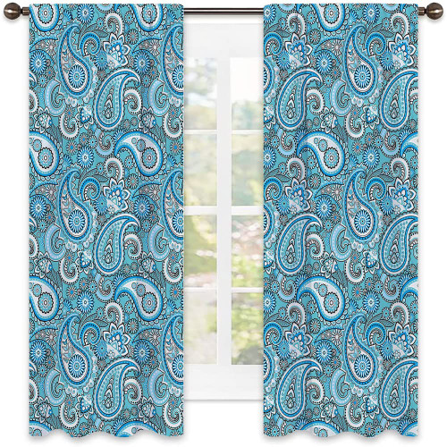 Pale Blue Shading Insulated Curtain, Traditional Elements Paisley Art Teardrop Motifs, Sound Absorbing Blackout Curtains for Dining Room/Party Decor, W52 x L54 Inch Blue Pale Blue Black